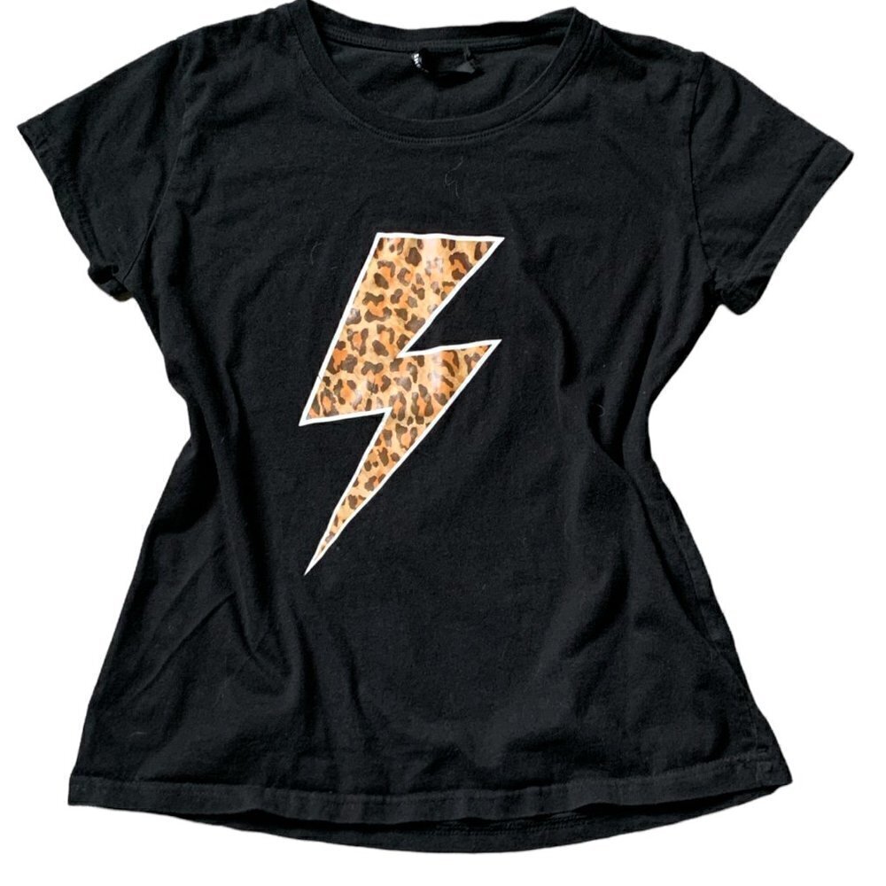 Shein Cotton Graphic Tee Leopard Lightening‎ Bolt Black Sz 7 #39N